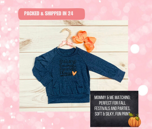 Navy Blue Autumn Leaves & Pumpkins Please Long Sleeved Pocketed Long Sleeve Shirt, Girls Toddlers Fall, Halloween