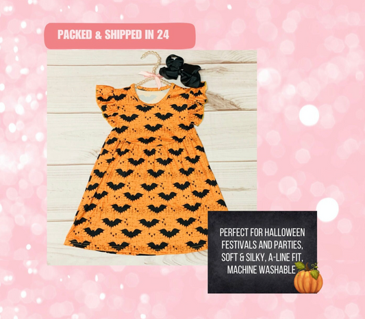 Milk Silk Orange Batty Flutter Sleeve Dress, Girls Toddler Flying Creatures, Halloween Dress, Trick or Treat, Spooky Flyers