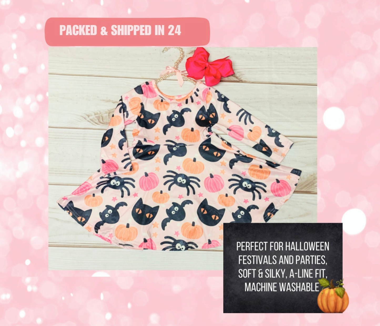 Milk Silk Black Cat & Pumpkins Twirl Dress, Girls Toddler Halloween, trick or Treat, Black Spiders, Spooky Stars, Pink Pumpkin