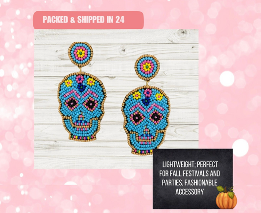 Day of the Dead Sugar Skull Beaded Earrings Light Blue, Halloween Earrings, Skull Earrings, Candy Earrings, Day of the Dead, Gift, Present