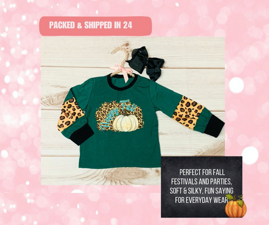 Fall Teal & Leopard Print Long Sleeve Girls, Toddlers Shirt, Happy Fall Pumpkins, Autumn, Halloween, Pumpkin Patch Shirt