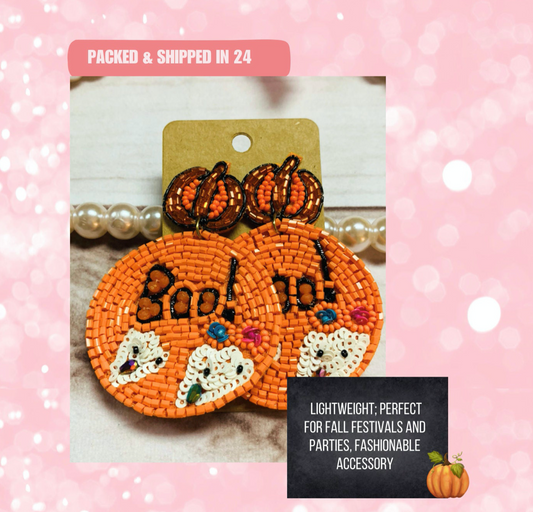 Orange Boo Ghost Halloween Pumpkin Beaded Earrings, Trick or Treat Adult Mama Spooky Dangle Earring