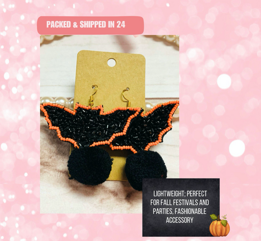 Orange & Black Halloween Bat w/ Pom Pom Beaded Earrings, Adult Mama Trick or Treat Spooky Creatures of the Night Dangle