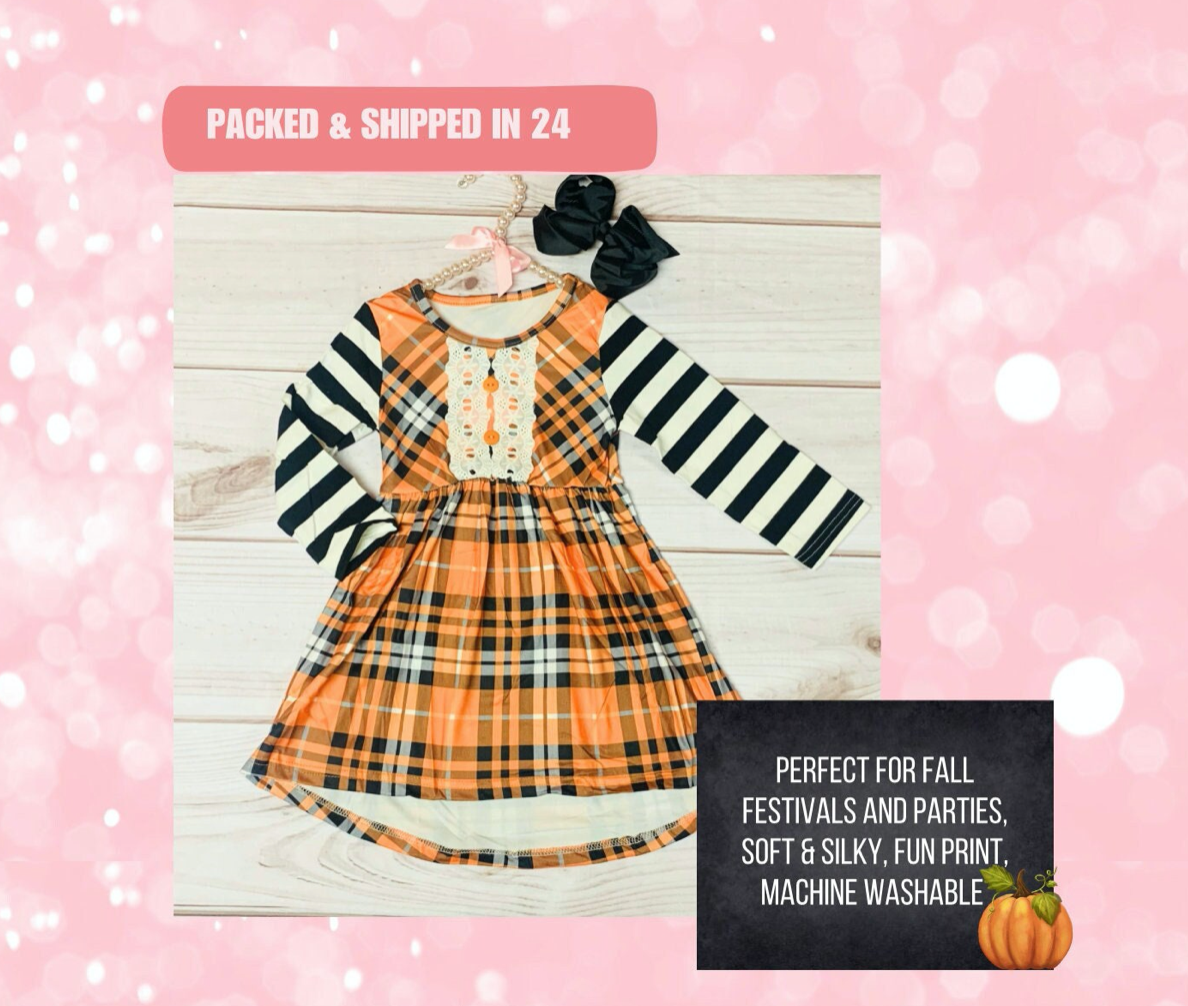 Halloween Striped & Plaid Twirl Dress, Girls Toddlers Pumpkin Patch Dress, Witchy Style, Fall Autumn Orange and Black