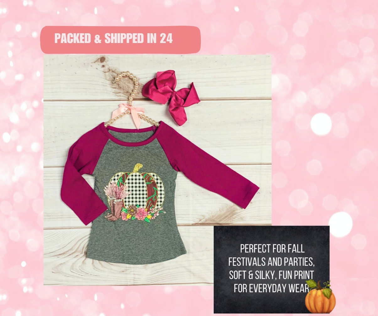 Pink Rose Long Sleeve Plaid Pumpkin Shirt, Girls Toddlers Fall Wear, Floral Pumpkins, Rainbows, Autumn Leaves, Fall Time