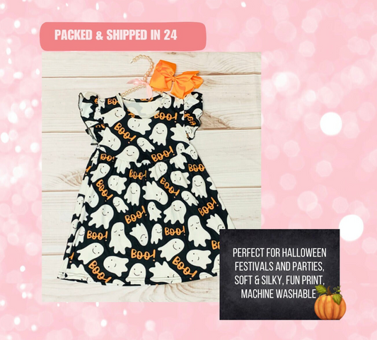 Milk Silk Spooky Night Ghosts Flutter Sleeve Dress, Girls Toddler, Boo Trick or Treating, Halloween Day, Just Say Boo