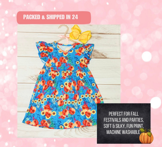 Milk Silk Blue Sunflowers & Pumpkins Flutter Sleeve Dress, Girls Toddler Autumn, Fall Dress, Picking, Fall Vibes, October