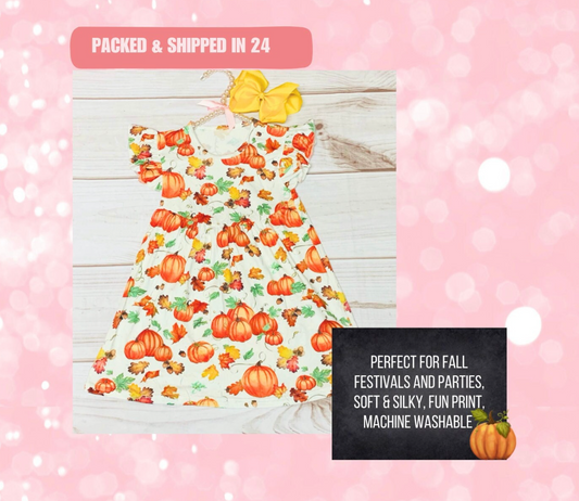 Milk Silk Pumpkin Patch Flutter Sleeve Dress, Girls Toddler Pumpkin Season, Festive Fall Wear, Autumn Time, Maple Leaf