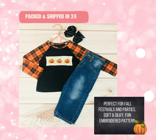 Plaid Orange & Black Long Sleeve Raglan Embroidered Pumpkin Shirt w/ Matching Denim Jeans, Girls Toddlers Halloween Fall