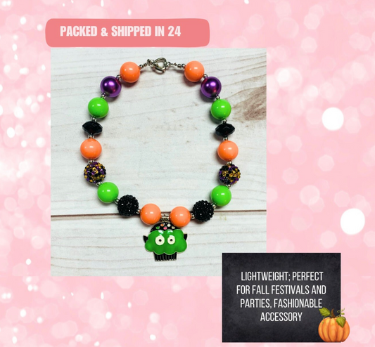 Halloween Green Monster Cupcake Green & Orange Chunky Bubblegum Necklace, Trick or Treat, Girls Toddler Halloween Party