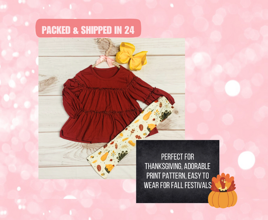 Burgundy Ruffle Top w/ Milk Silk Thanksgiving Turkey Pants, Girls Toddler Turkey Pumpkin, Autumn Leaves, Family Gather