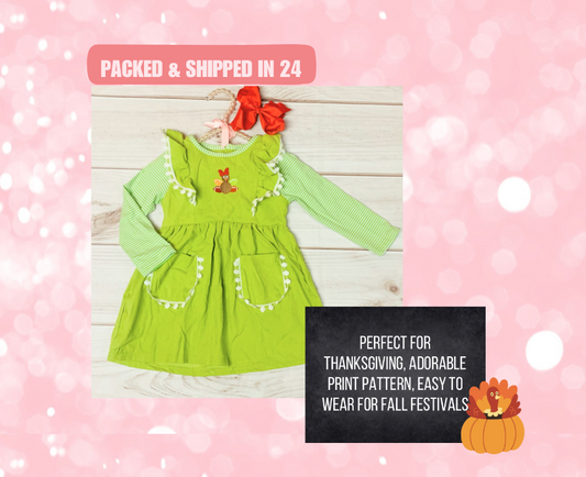 Green Striped Embroidered Corduroy Thanksgiving Turkey Football Dress w/ Pockets, Girls Toddler Give Thanks Turkey Bow