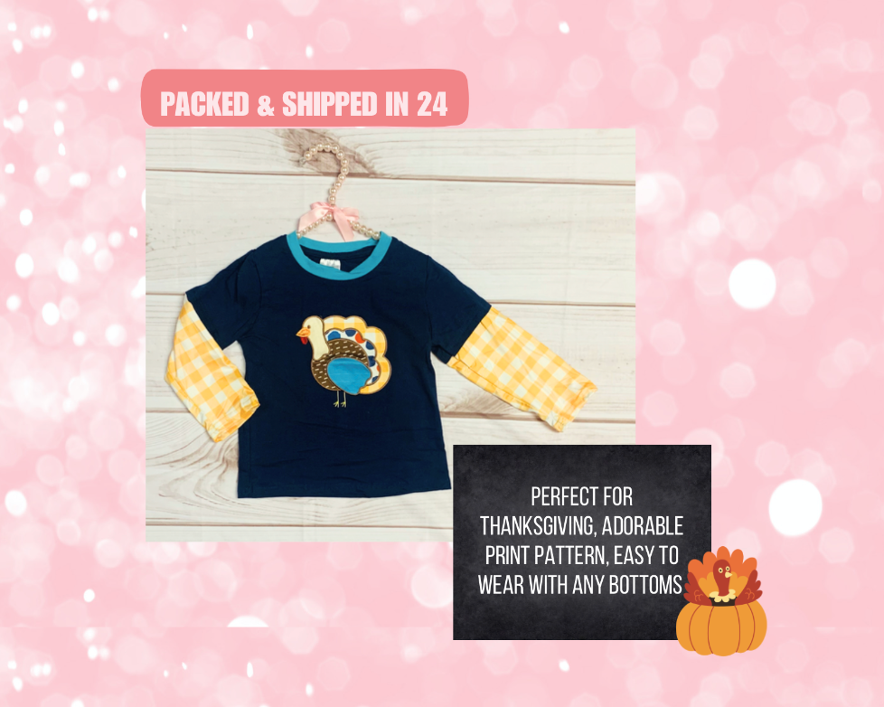 Blue Yellow Thanksgiving Applique Turkey Unisex Shirt, Plaid Gingham Boys Girls Turkey Day Shirt, Football Thanks Gather