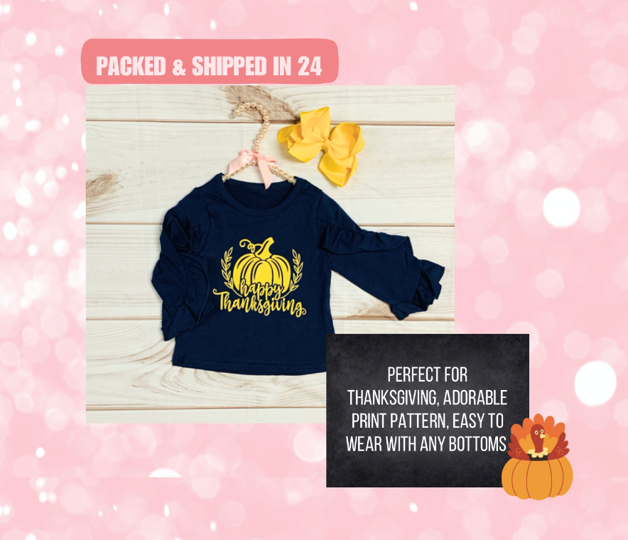 Dark Blue Thanksgiving Ruffle Raglan Shirt, Girls Toddlers Happy Turkey, Pumpkin Shirt, Fall Autumn, November