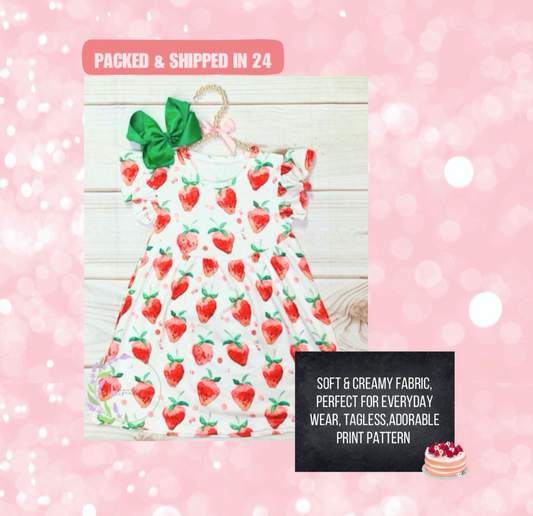 Milk Silk White Strawberry Flutter Sleeve Dress, Girls Toddler Berry Sweet Red Fruit, Sweet Summertime Berries Dress Preschool Strawberries&nbsp;