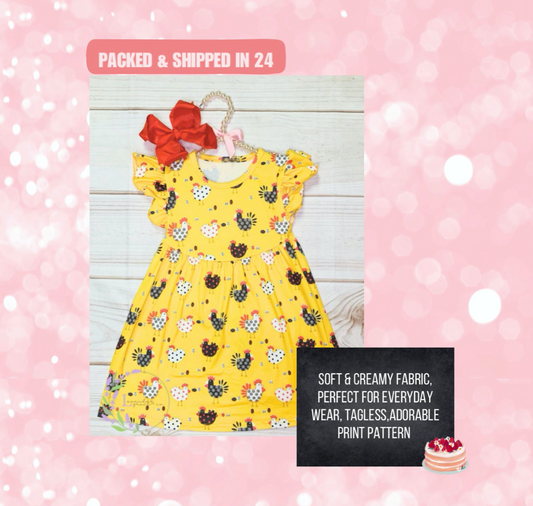 Milk Silk Yellow Polka Dot Chicken Flutter Sleeve Dress, Girls Toddler Hen and Rooster Flock Printed Dress, Preschool Country Farm Girl