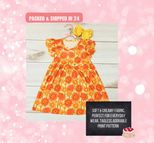 Milk Silk Orange Daisy Flutter Sleeve Dress, Girls Toddler Summer Wild Flowers, Preschool, Autumn, Flowers, Floral Dress