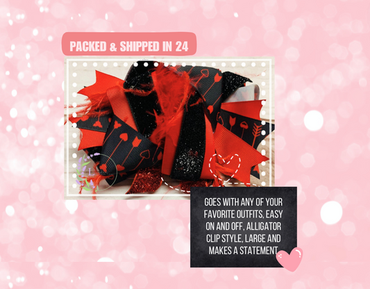 Red & Black Valentine Day Heart Hairbow w/ Feathers, Girls Toddler Preschool, February 14th, Cupid, Love, Xoxo, Hearts