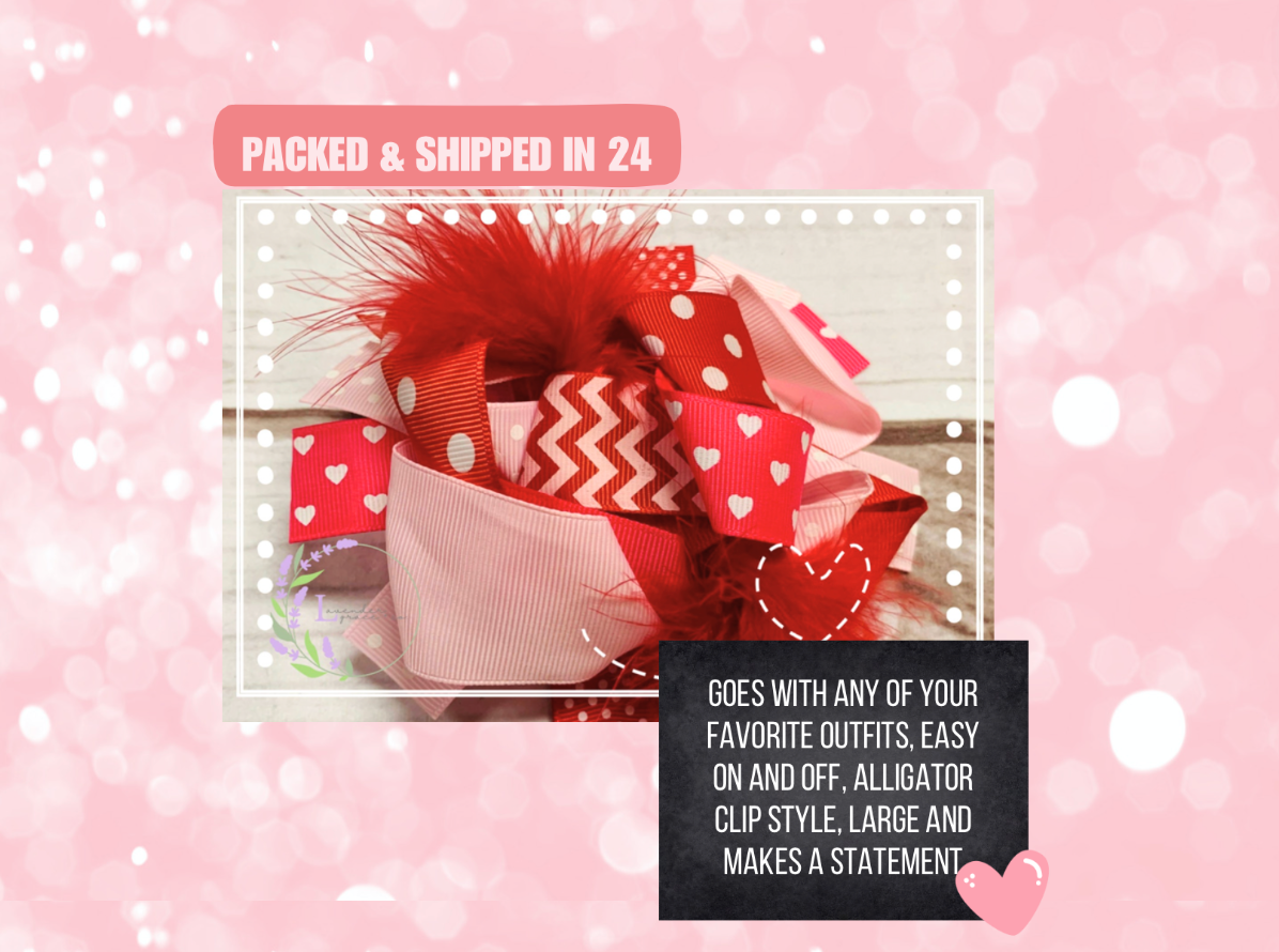 Red & Pink Valentine Heart Hair Bow w/ Feathers, Pink Polka Dot, February 14th, Girls Toddler, Party, Dance, Hair Bow