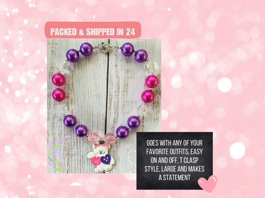 Pink, White & Purple Chunky Bubblegum Necklace w/ Bear Charm, Girl Toddler Beary Sweet, Valentine's Day, Feb 14th, Love