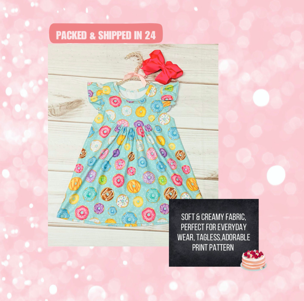 Milk Silk Rainbow Donut Flutter Sleeve Dress, Girls Toddler, Dozen Sprinkles Pastry Bakery Dress