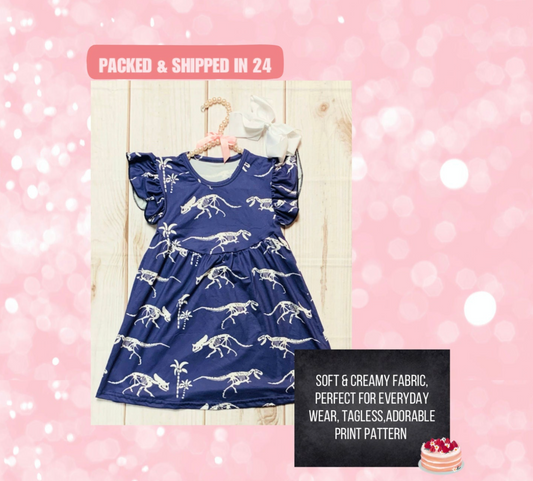 Milk Silk Navy Blue Dinosaur Fossil Flutter Sleeve Dress, Girls Toddler Jurassic Period, Dino Dig, Tyrannosaurus, Stegosaurus