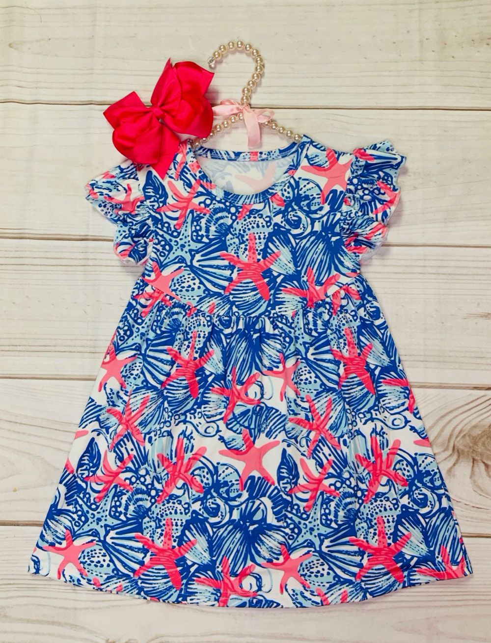 Milk Silk Seashells and Starfish Beach Flutter Sleeve Dress, Girls Toddler Ocean Vibes Blue Shell Dress, Pink Starfish Accents, Vacation Dress