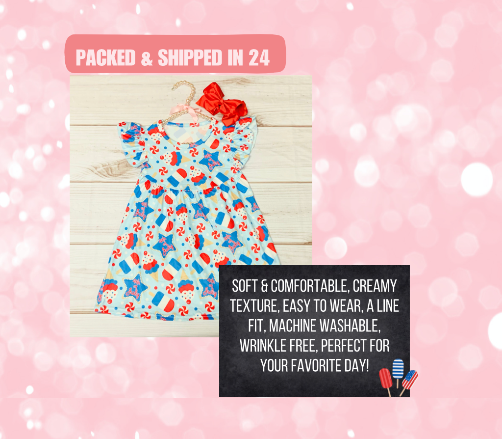 Milk Silk 4th of July Ice Cream & Cookies Flutter Sleeve Dress, Girls Toddler Independence Day, Celebration, Red White Blue