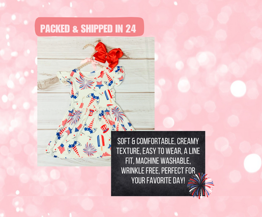 Milk Silk Red White & Blue Unicorn Flutter Sleeve Dress, Girls 4th of July, Firecracker Independence