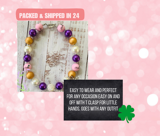 Purple Pink Gold, Pearl Chunky Bubblegum Necklace, Lucky St Patricks Day clover, Girls Toddler Fashion Jewelry, 4 Leaf