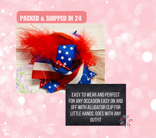 Red White & Blue Patriotic Hair Bow w/ Feathers, 4th of July, Independence Day, Firecracker, Fireworks, America, Boom