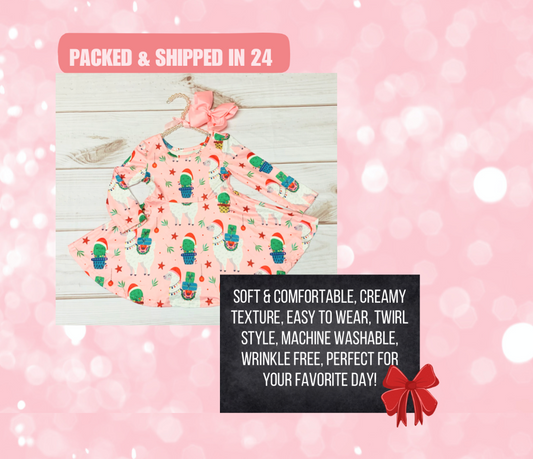 Milk Silk Holiday Llama Twirl Dress, Girls Christmas Pink Cactus Pink Winter Dress, Present Gift