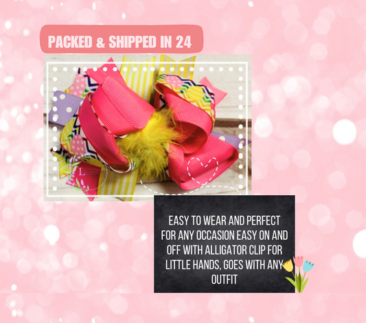 Easter Pink, Yellow, Purple Hair Bow w/ Feathers, Girls Toddler Easter Sunday, Egg Hunt, Easter Rabbit, Bunny