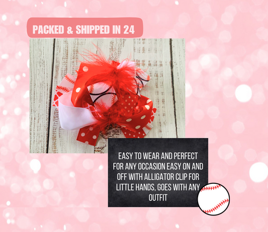 Red &amp; White Polka Dot Baseball Hair Bow w/ Feathers, Pitcher, Favorite Fan, Little Sister, Softball, Girls Toddler, Base