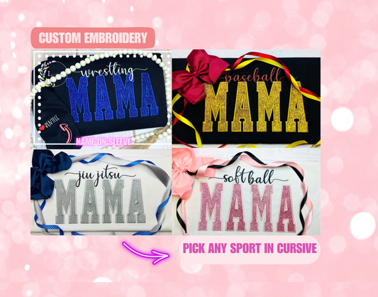 Embroidered Sports Glitter Mama Sweatshirt Applique w/ Name on Sleeve, Heart on Sleeve, Choose Your Sport Custom Fall and Spring Mom Sweater