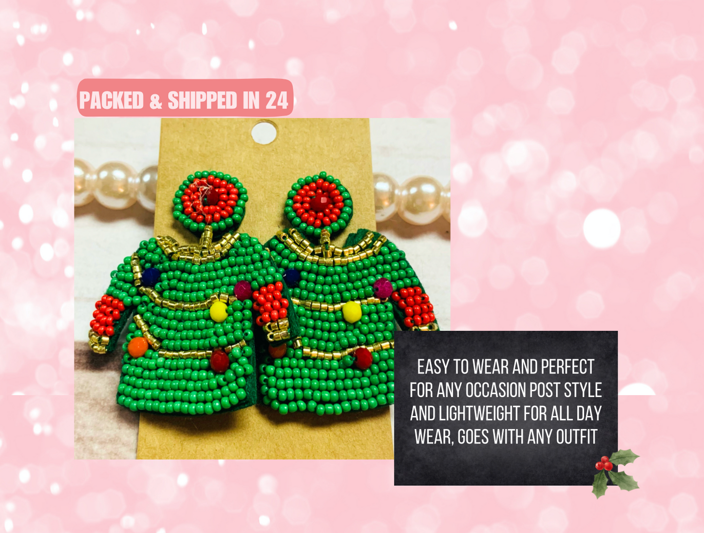 Green Ugly Sweater Christmas Party Beaded Earrings, Holiday Party, Christmas Lights, White Elephant Exchange, Santa