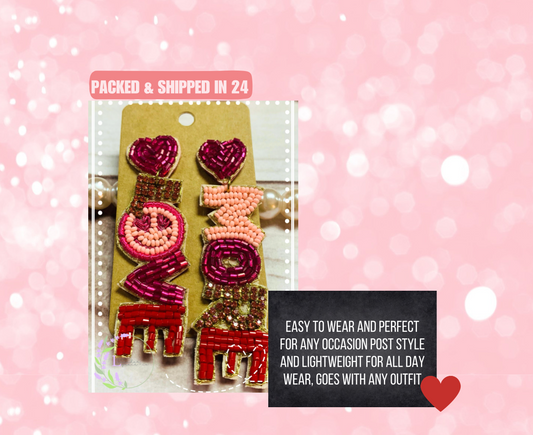 Love More Valentine's Beaded Earrings, Mama Earrings, Galentine, Be Mine, Hearts, Love Earrings, Jewelry, Brunch Lunch