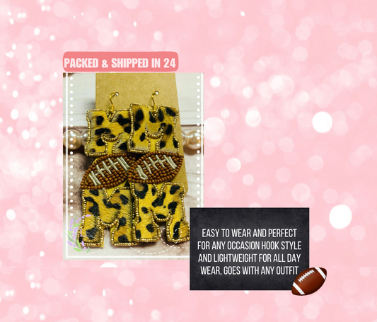 Football Mom Dangle Earrings w/ Leopard Faux and Beads, Homecoming, Gameday Earrings Playoffs, Sundays, Mom, Mama