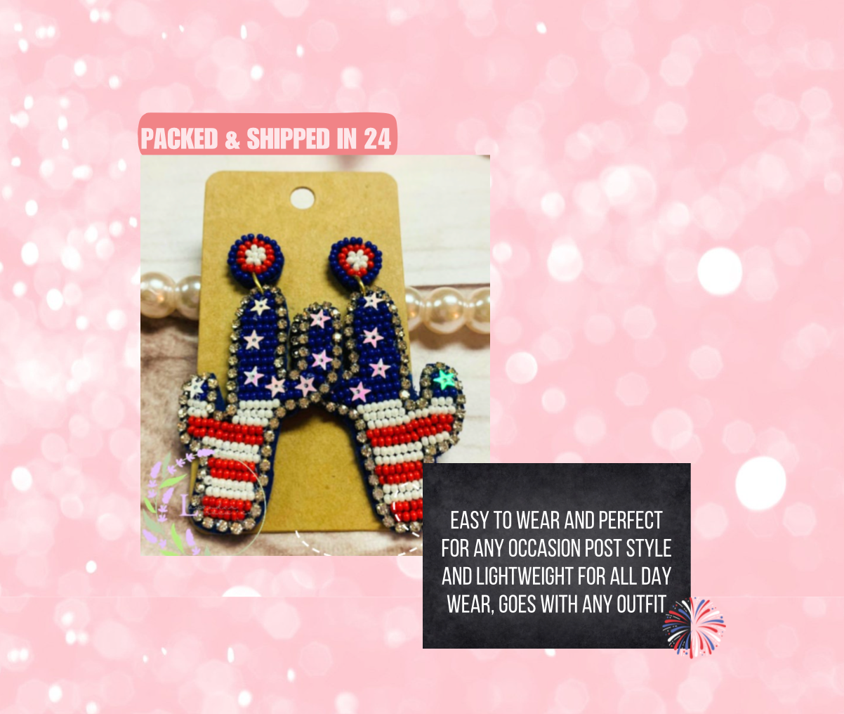 Red White & Blue Patriotic Cactus Beaded Earrings, 4th of July, Independence Day, America, Freedom, Fireworks, Mama