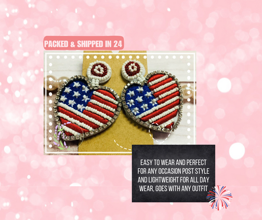 Red White & Blue Patriotic Heart Flag Beaded Earrings, 4th of July, Independence Day, American Flag Dangle Earrings