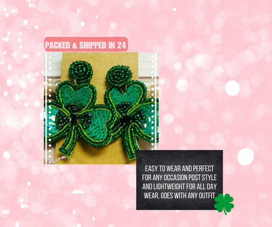 St Patrick's Day Sequin Beaded Clover Earrings, Kiss Me I'm Irish, Pinch Proof, Green Clovers, Leprechaun Pot of Gold