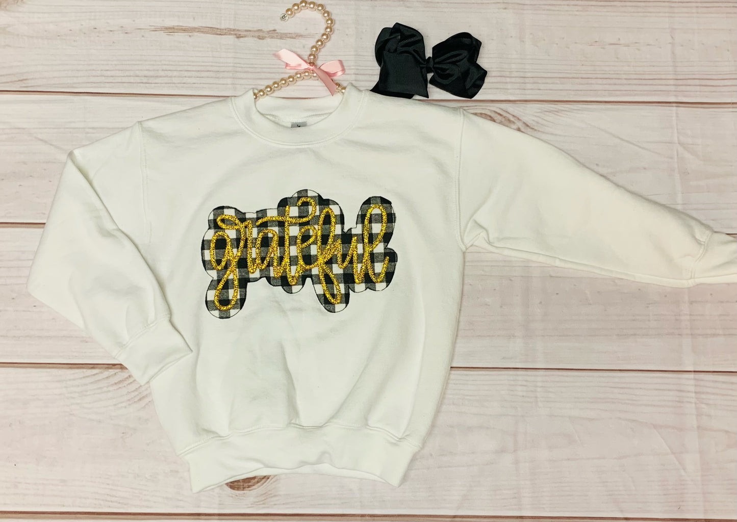 Grateful Double Applique w/ Glitter Embroidery Sweatshirt for Kids YXS , Bean Stitch, Sweatshirt, Happy Thanksgiving, Plaid Print Sweater